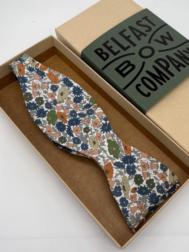 Orange & Green Meadow Floral Self-Tie handmade by the Belfast Bow Company