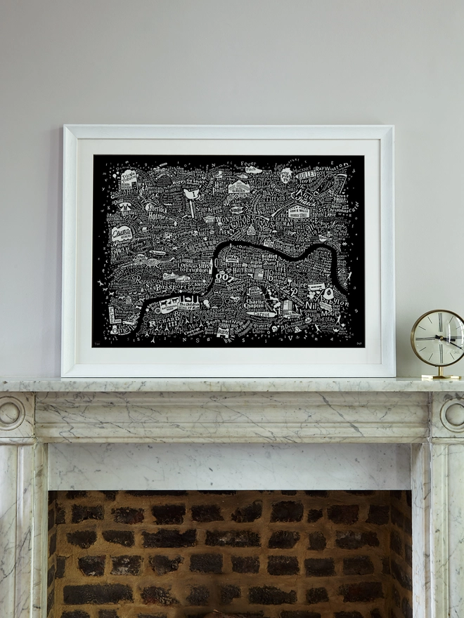 London Film Map in a frame on a mantlepiece