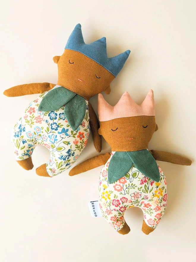 fabric woodland creature doll in blue and pink