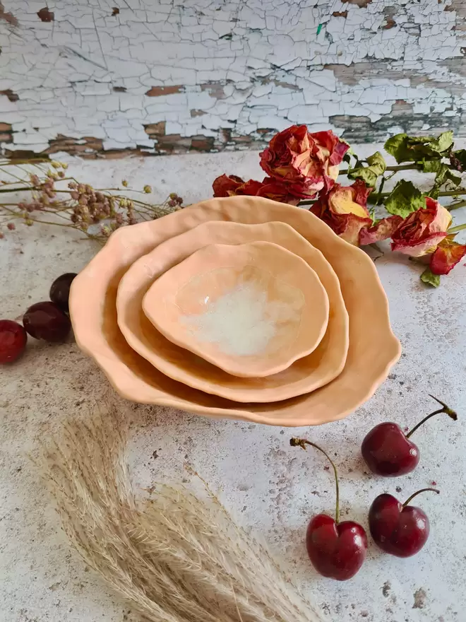 Set of 3 ceramic nesting bowls, pottery bowls, homeware,  tableware, gifts Jenny Hopps Pottery, Peach