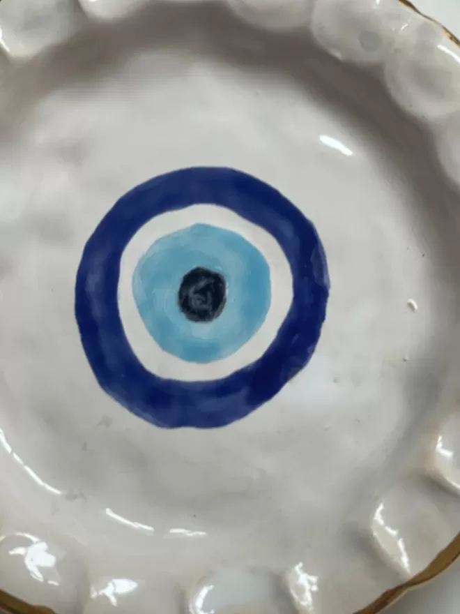 Evil Eye Chunky China Round Dinner Plate seen close.