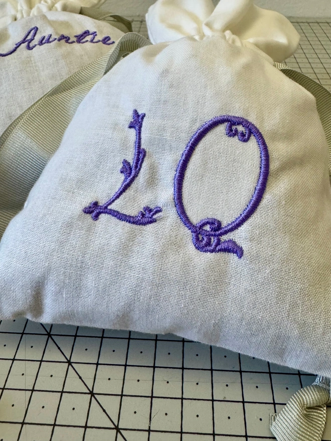 White Organic Cotton Drawstring Lavender Bag with Embroidered Initials