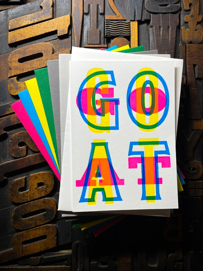 Goat typographic letterpress card with deep impression print. Very colourful and vibrant. Send this beautiful handmade card to your Greatest Of All Time friend. With a choice of colourful envelope.