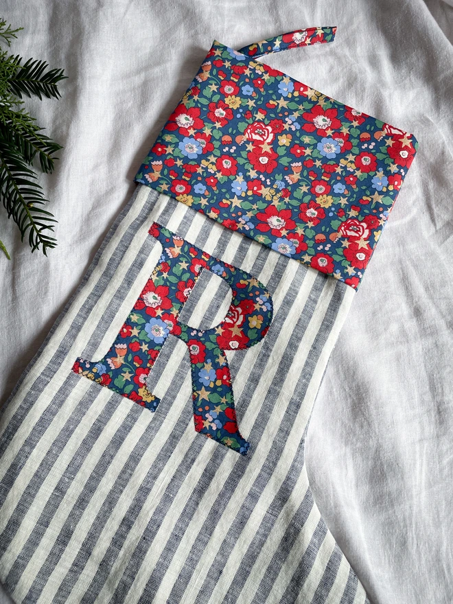 Navy Stripe Linen Stocking with Liberty Print Cuff and Letter