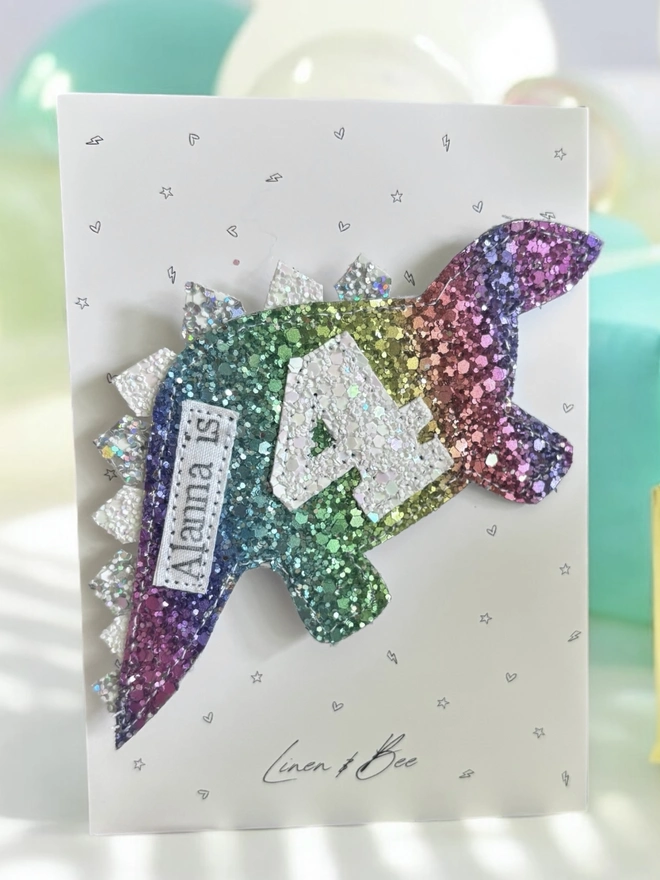 Personalised rainbow glitter dinosaur birthday badge