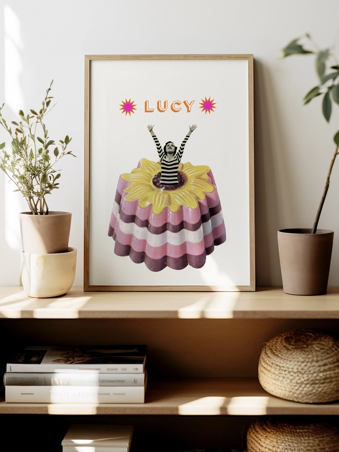 A retro personalised food print featuring a woman jumping out of a giant blancmange.