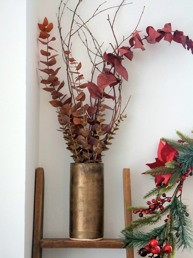 christmas vase, large gold vase, metallic vase, gold ceramic vase, bronze ceramic vase, statement vase, Christmas homeware, christmas accessories, gold christmas decor, Jenny Hopps Pottery