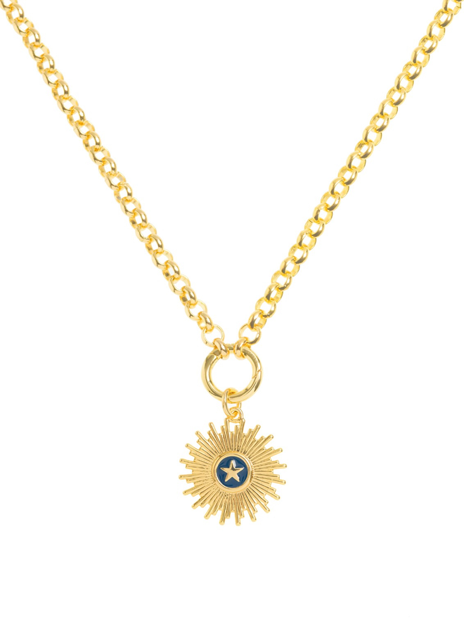 Gold belcher chain necklace with a sunburst pendant with a blue centre set with a star