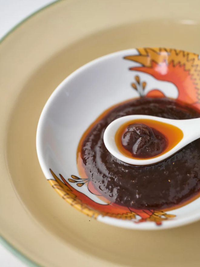 Everything Everywhere Sauce. A sample of sauce in a dish.