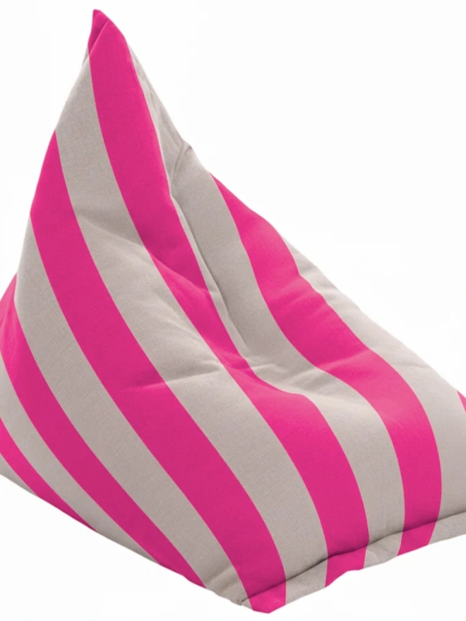 Hand Painted & Repurposed Linen Bean Bag Striped Chair, a colourful neon pink striped bean bag chair against a white background.