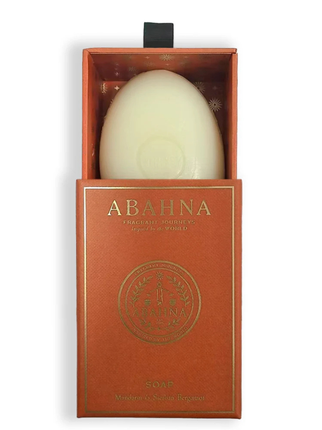 mandarin and sicilian bergamot soap bar. a bar of natural soap in a lined orange gift box.