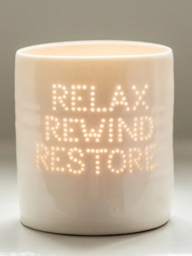 relax rewind restore self care mini porcelain tealight holder