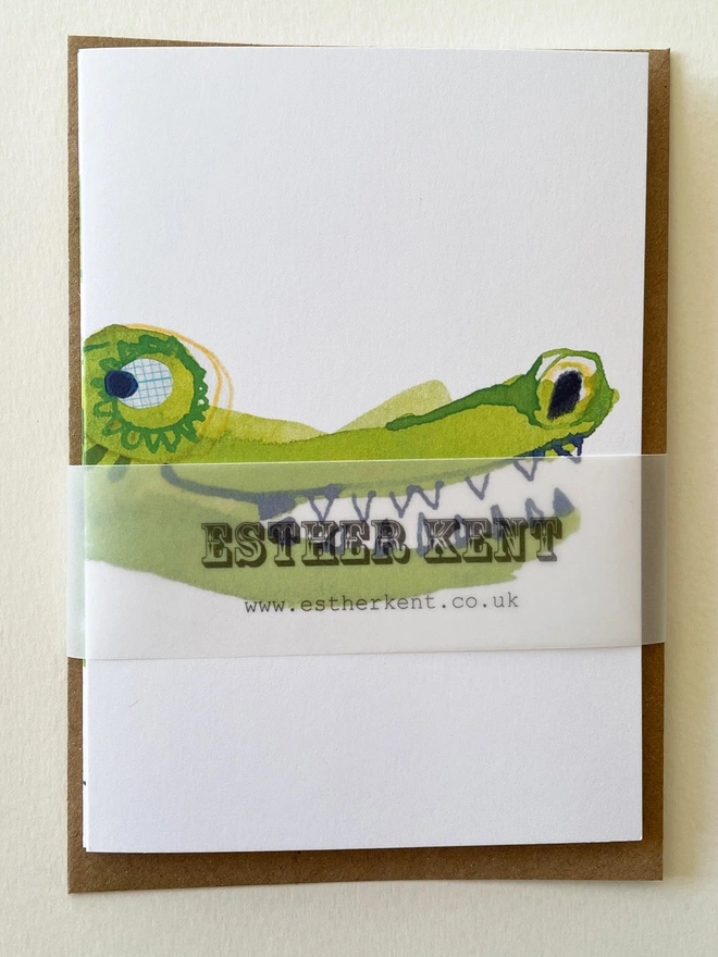 Esther Kent illustrated greeting card showing green grinning crocodile