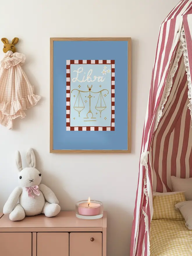Libra digital print in a kitchen backdrop, hand drawn illustration unique and colourful wall art