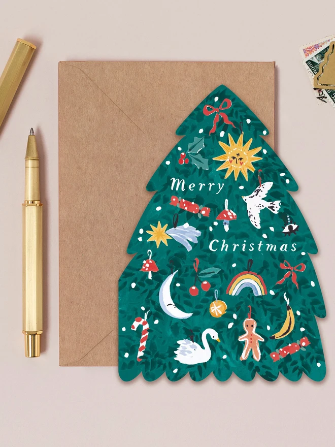 Tree Shape Christmas Card by Sister Paper Co with a kraft envelope