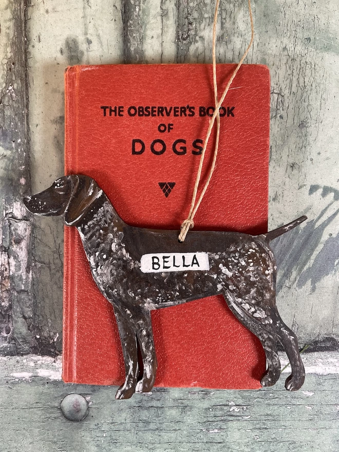 A german shorthaired pointer decoration, hung with Jute twin and placed on a  red book about dogs