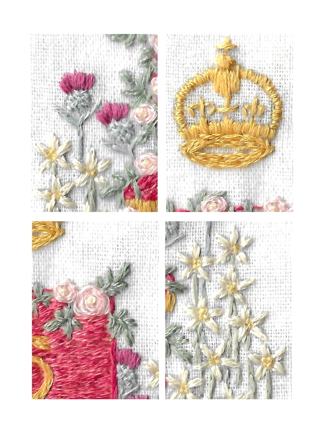Close-up sections of the embroidery.  Clockwise: from top left: Thistles, Daffodils and pink roses.  Golden Crown that hovers over the chair.  Welsh Daffodils.  Pink climbing Roses on the crimson chair.
