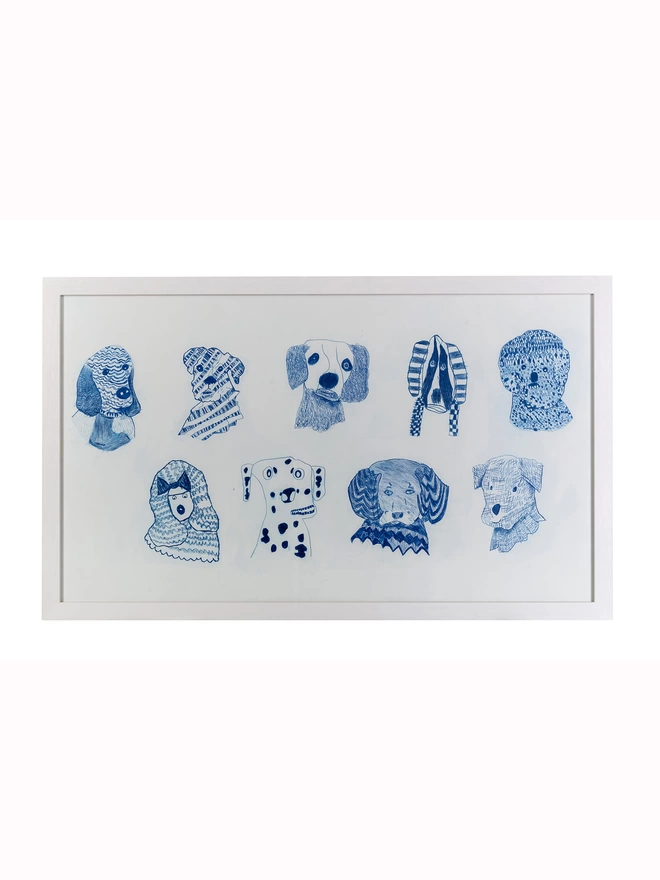 framed original artwork for blue dogs charity fine bone china dog gift mug inc blue pencil drawn dogs