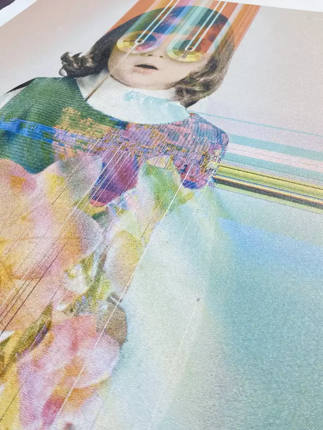 Collage artwork "Through Their Eyes" Hand Pulled Screenprint depicting a young child staring forward intwined in flowers with a glitch look to her 