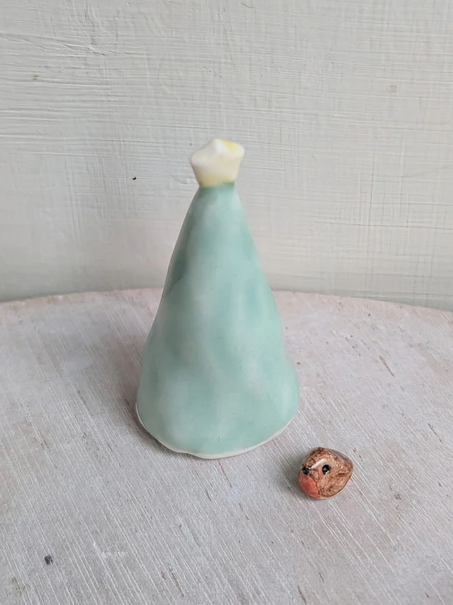 mini ceramic green Christmas tree with star and a tiny robin