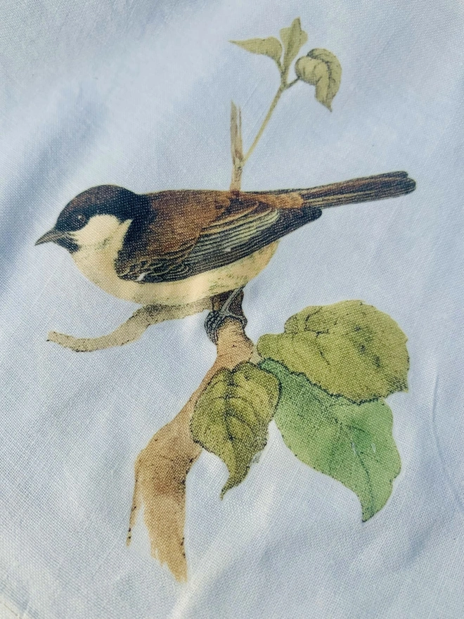 A white cotton napkin printed with a vintage illustration of a sparrow