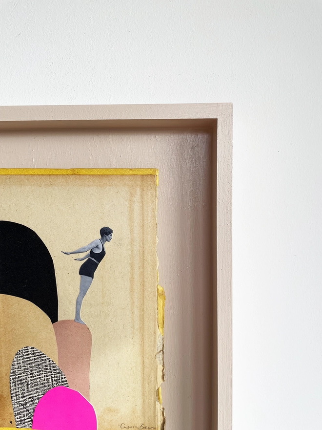 A female diver stands on a range of rocks as she leans in to dive into the sea below. A frame collage made with vintage papers and pop of neon pink with torn edges and interesting textures.