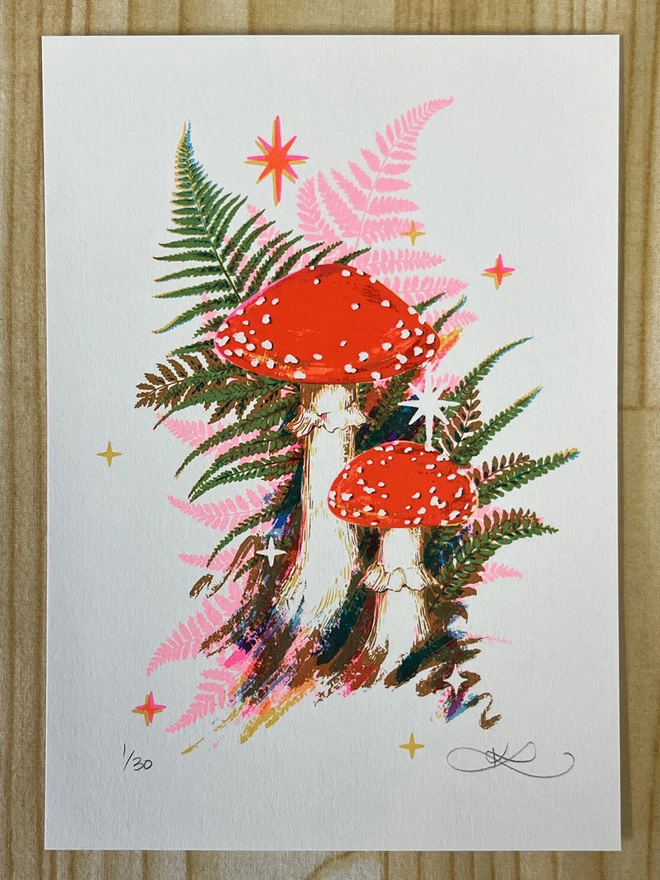 Limited Edition Mushroom screenprint by Kath Leone with pink fern