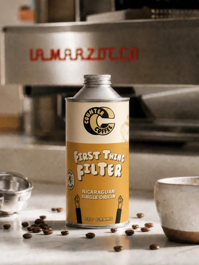 First Thing Filter. A tin of coffee from Counter Coffee.