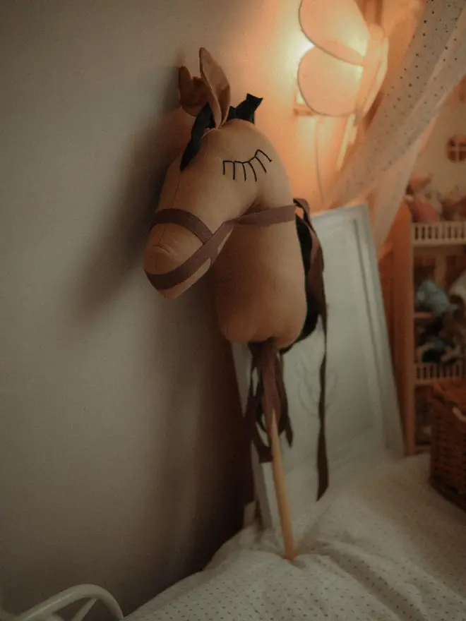 Handmade Brown Cotton Hobby Pony on Stick, Nursery Ride-On Toy