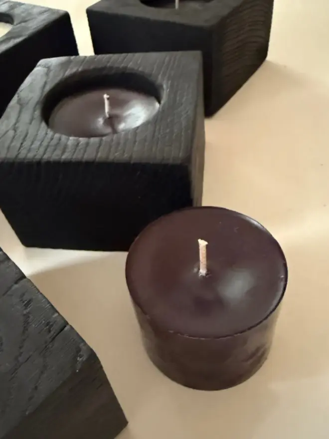 Refillable candle hand poured in wooden Yakisugi charred block candle holder