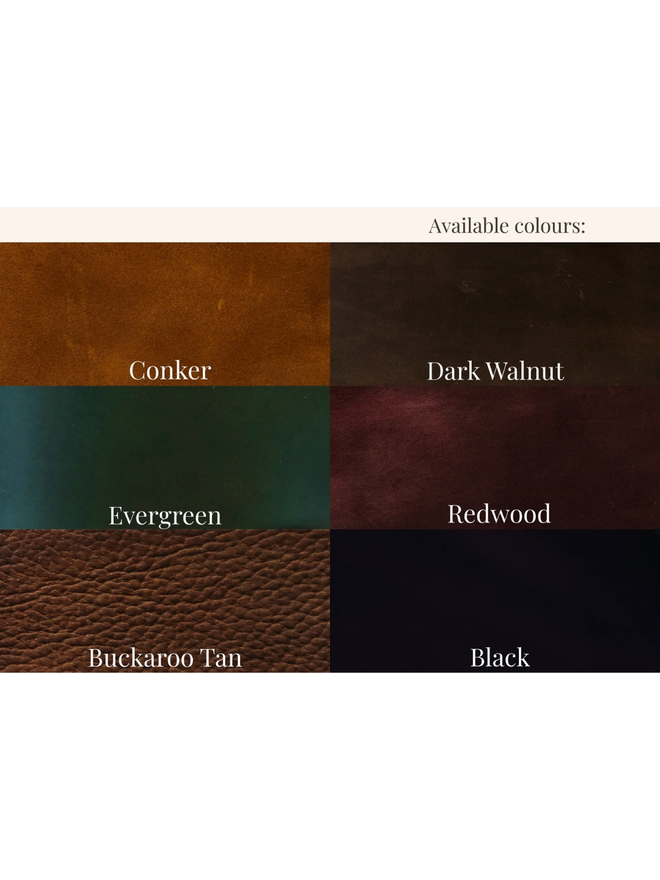 hand stitched leather pouch. grid of colour options for personalisation.