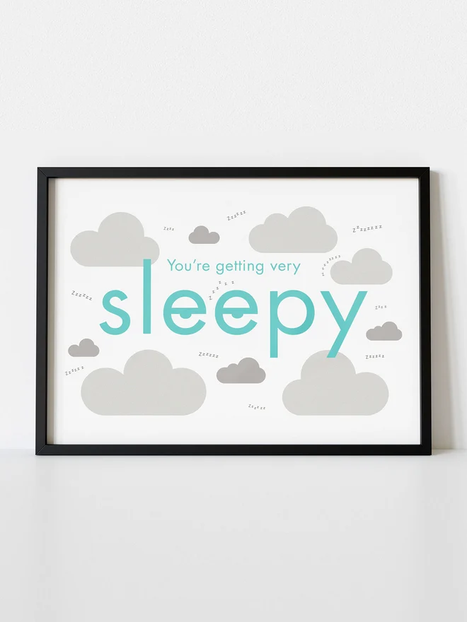 Sleepy kids bedroom risograph print in mint and grey