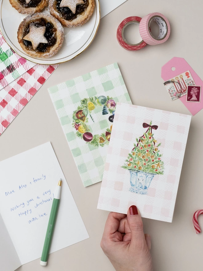 Selection of Christmas Cards set on gingham check, by Melissa Western 