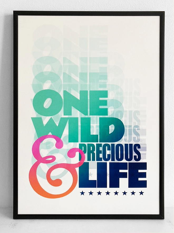Framed multicoloued typographic print of the last line From Mary Oliver’s poem, The Summer Day - “One Wild And Precious Life”