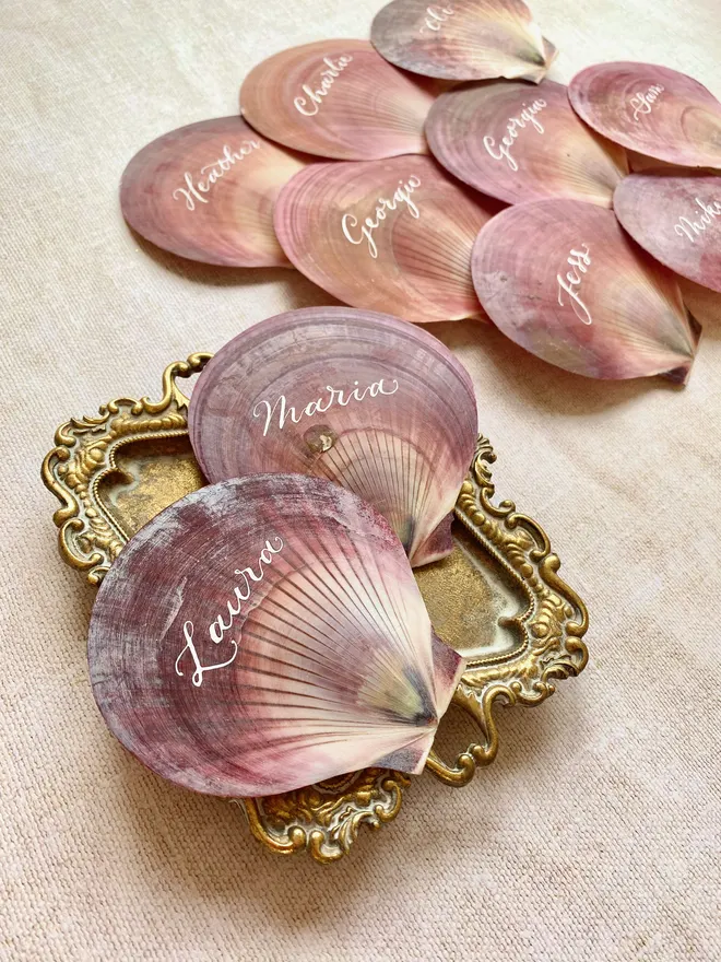 Pink scallop shell place cards handwritten in white ink