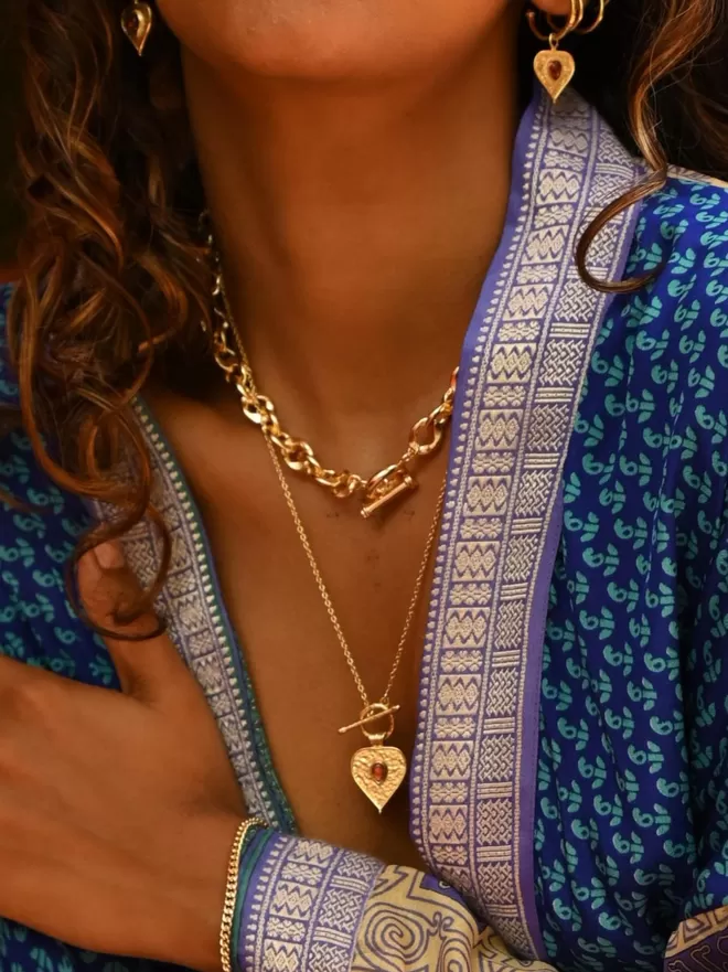 Loft & Daughter blue kimono with gold vermeil heart toggle jewellery worn by model