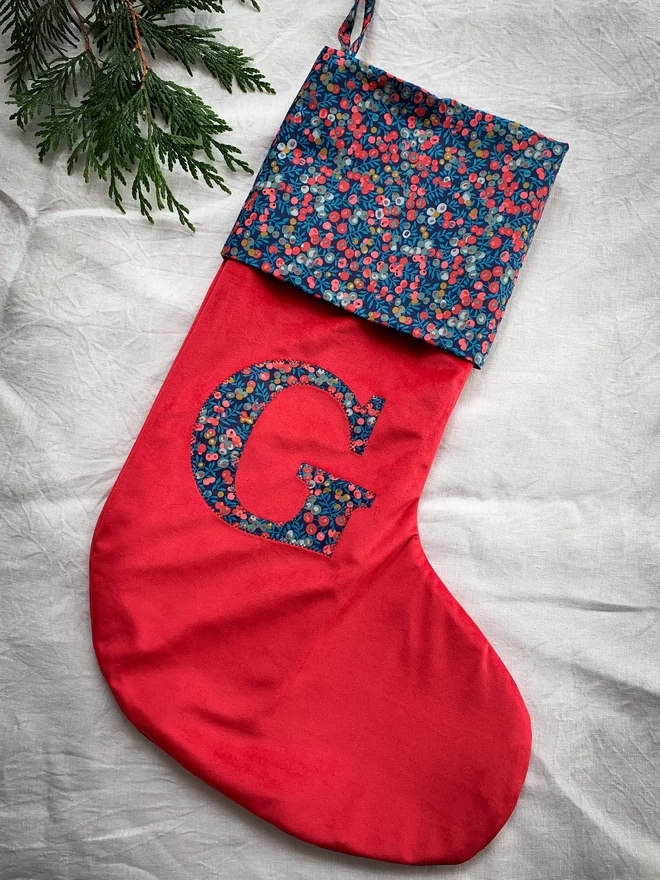 Red Velvet Stocking with Liberty print letter and cuff
