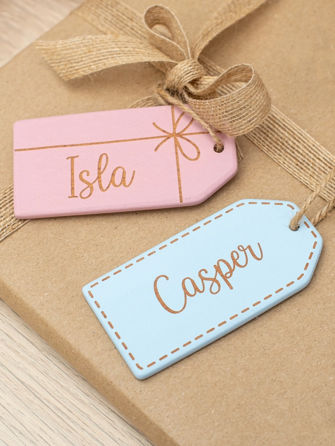 Wooden gift tags in orchid and dove.