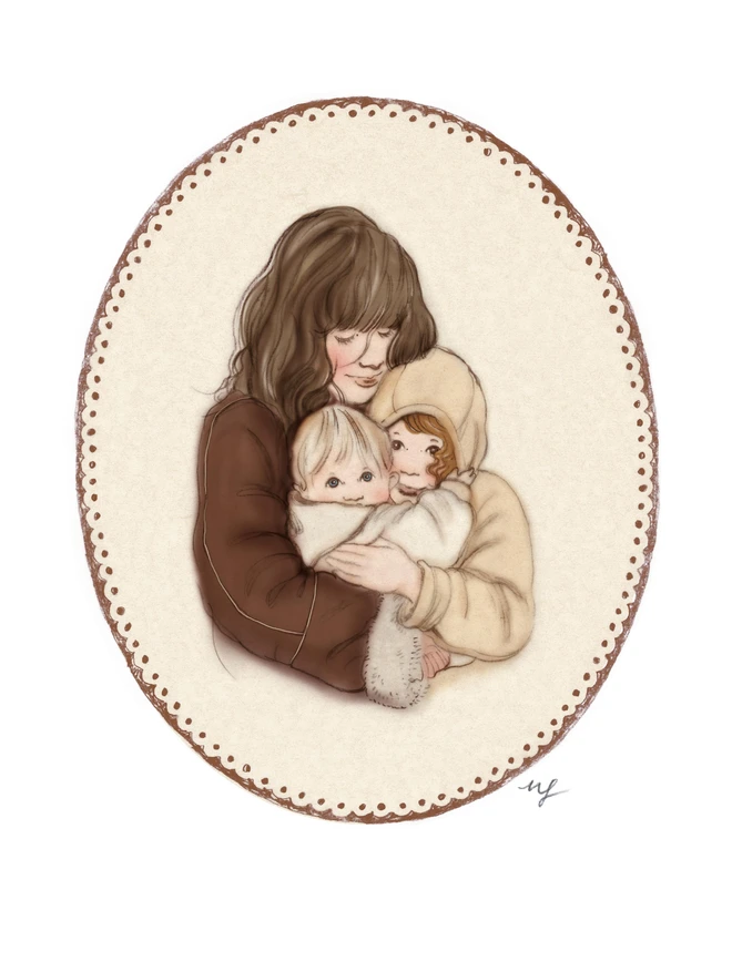 a print of a mother cuddling here 2 children drawn in a vintage story book style ivory background with a hand drawn oval decorative border