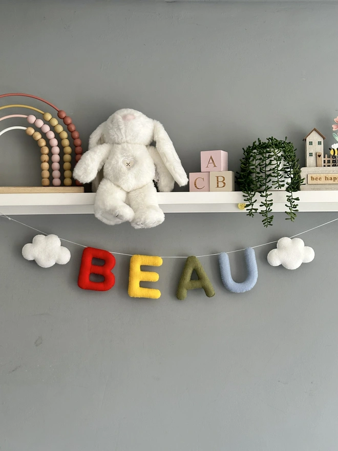 Personalised Name Garland with Clouds, kids decoration, nursery bunting, baby gift, wall hanging in bright shades