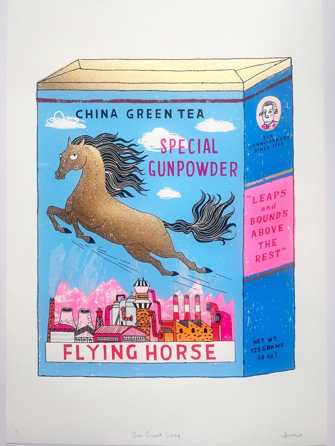 Flying Horse Screenprint 'One Giant Leap', a colourful green tea design in the centre of a white screenprint. 