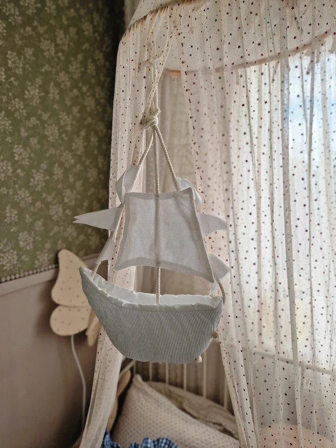Linen Sailboat Crib Mobile, Nautical Baby Nursery Decor, Ocean Theme Hanging Ornament