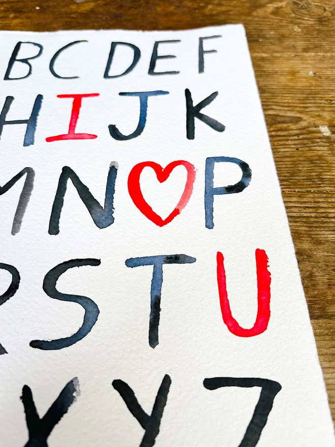 Handwritten alphabet 'I ❤️ U' artwork in watercolour on handmade paper with deckled edge