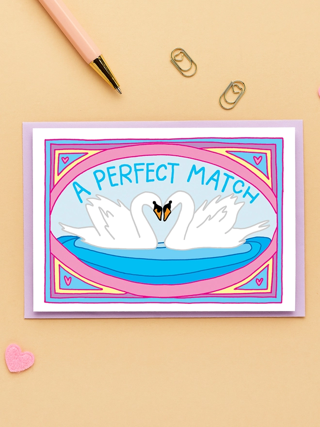 A Perfect Match Wedding or Anniversary Card Featuring Two Swans