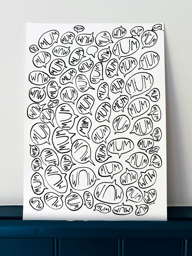 Mum Mum Mum speech bubbles ink drawing 
