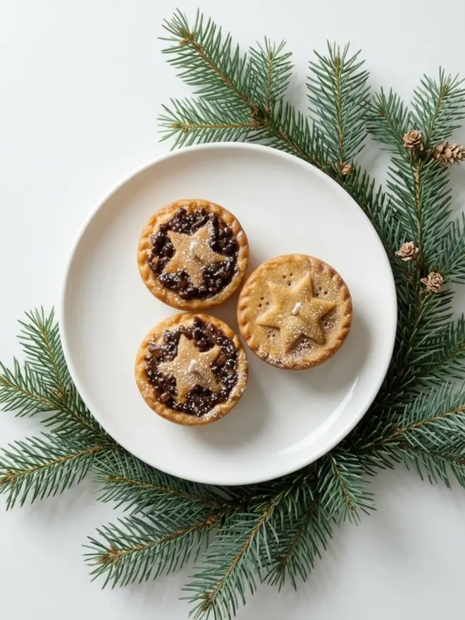 The mince pie candle. three candles shaped like mince pies on a white cake stand.
