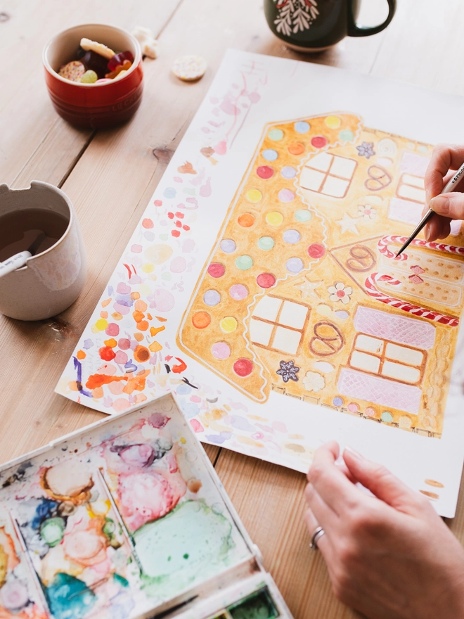 Hand Painted Gingerbread House Advent Calendar Christmas Card 