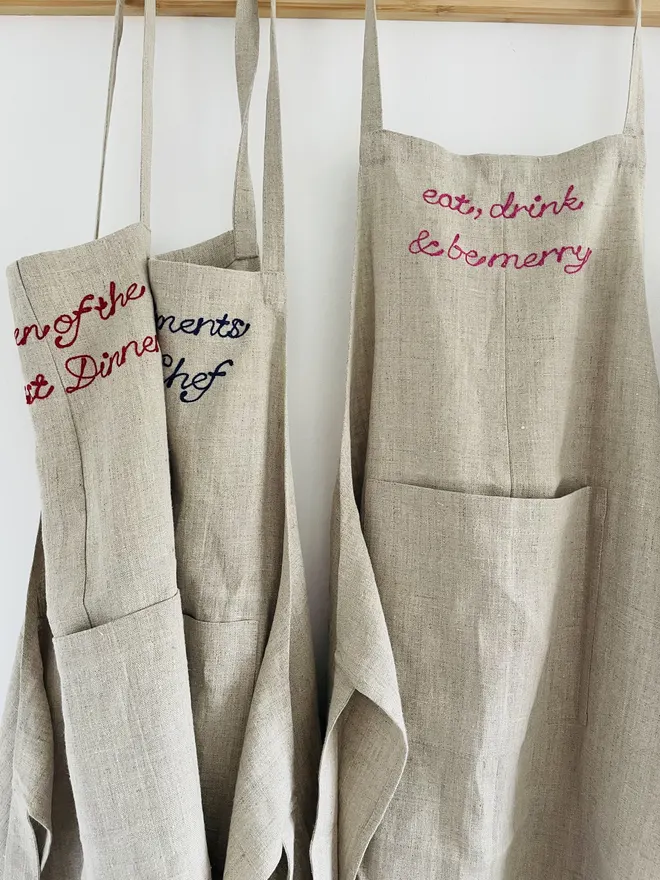 Embroidered Phrase Personalised Linen Apron