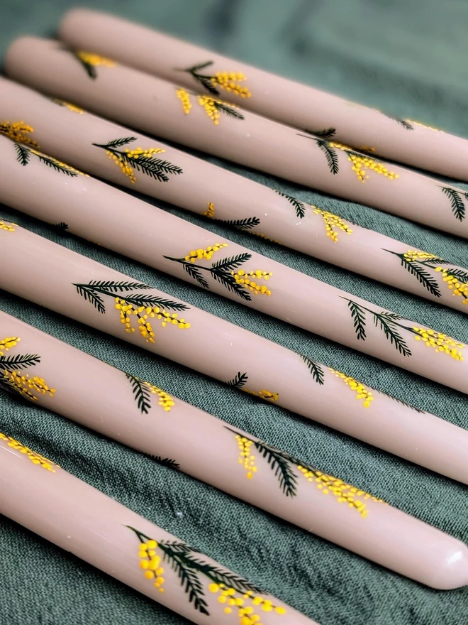 Oat Taper Candles With Mimosa Blossom Design