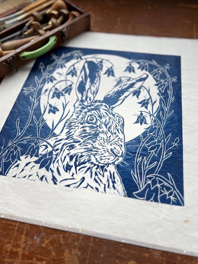 harebells and hare linocut print